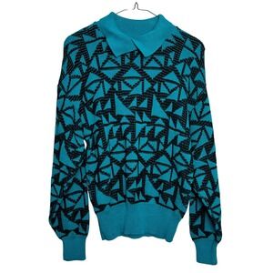 Pierre Cardin Geometric Polo Collar Sweater Teal Black Retro 90s Statement S Top
